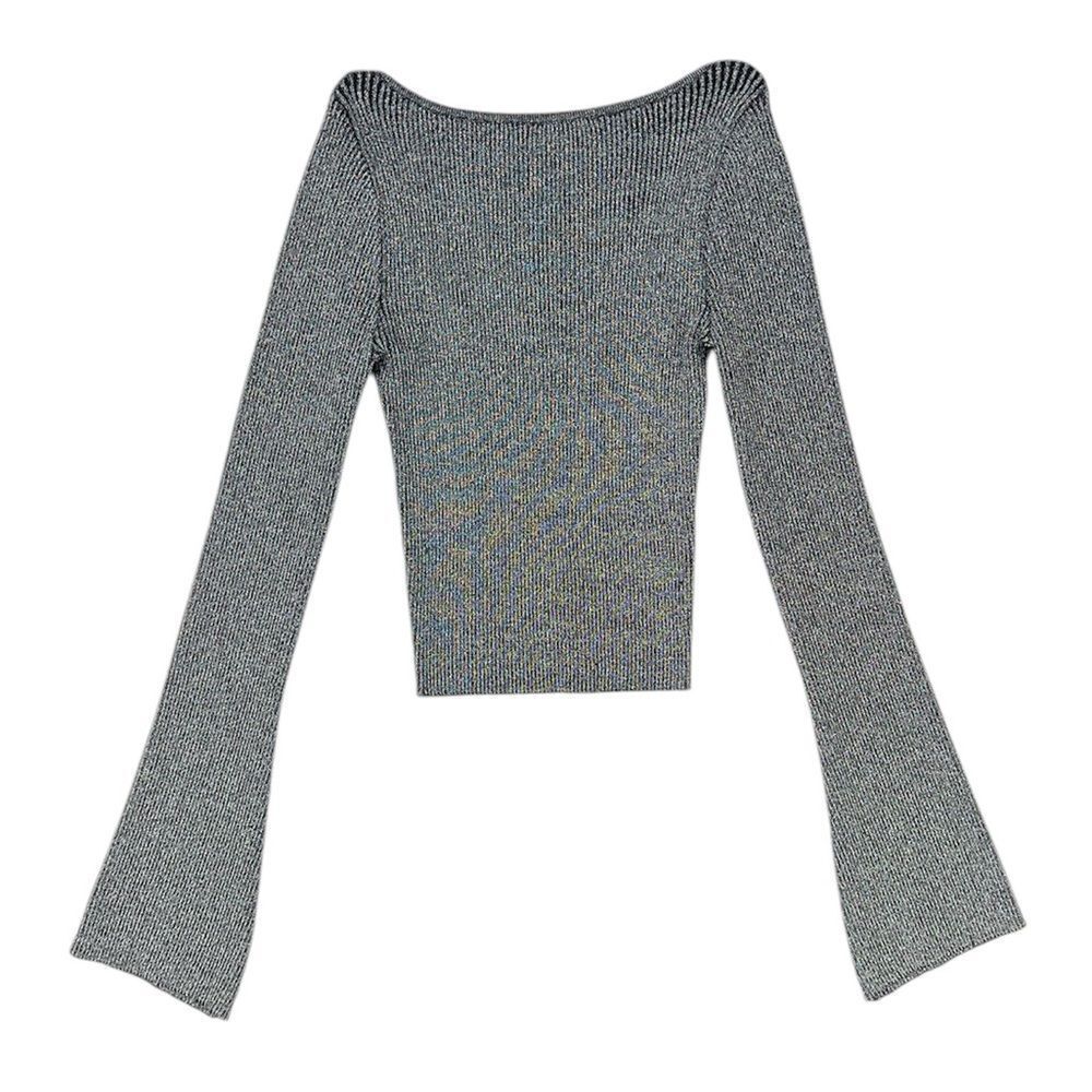 H&M Divided Silver Black Ribbed Lurex Long Bell Sleeves Reversible Top Blouse XS